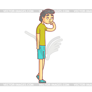 Young man with with flu and running nose, mucus - vector image