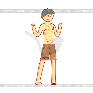 Naked boy teenager with rash on his body. Colorful - vector clipart