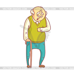 Elderly man with cane suffering of heart pain. - vector image
