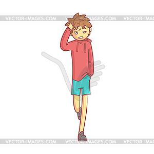 Boy in red hoodie and blue shorts touching his - vector clip art