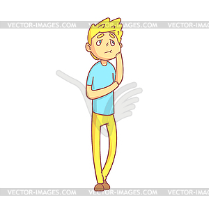 Young blond man suffering of toothache pain pressin - vector image