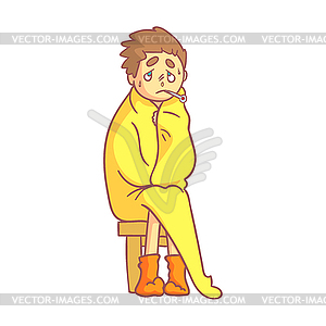 Boy caught flu, having high temperature sitting - vector clipart