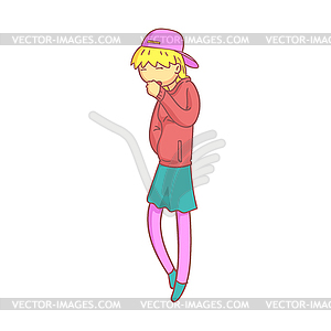 Blond girl coughing with fist in front of mouth. - vector image