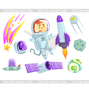 Astronauts in space, set for label design. Cosmos - stock vector clipart