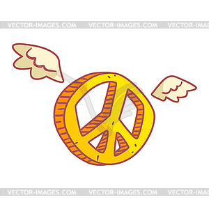 Yellow peace sign with wings. Colorful cartoon - vector clipart