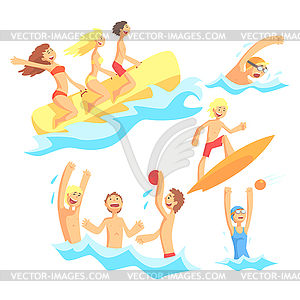 People On Summer Vacation At Sea Playing And - vector clip art