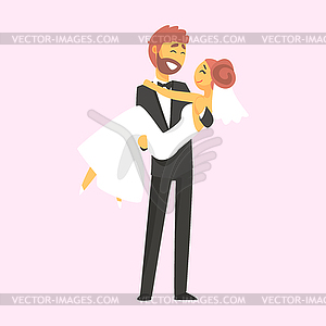 Man holding woman in his arms at wedding day. - vector clipart / vector image