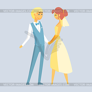 Bride and groom holding hands at wedding day. - vector image