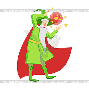 Magic witch wizard in action with crystal ball. - vector clipart