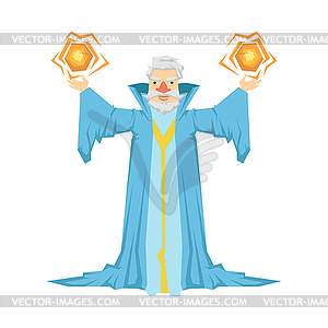 Old bearded wizard in blue robe holding two magic - vector clip art