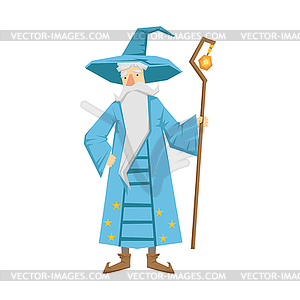 Magic old man with magic staff. Colorful fairy - vector clipart