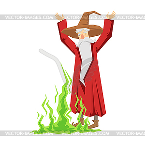 Wizard waving with both hands. Colorful fairy tale - vector image