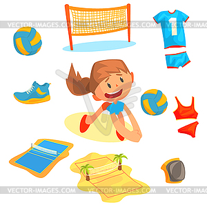 Girl playing with ball at beach volleyball set for - vector clipart