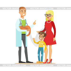 Smiling boy with his mother at veterinary doctor - royalty-free vector clipart