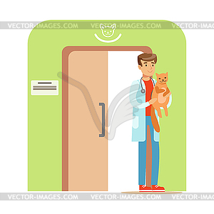 Veterinary doctor holding cat in his hand. - vector clipart