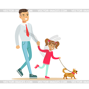 Отец с дочерью ходить с их небольшими - изображение векторного клипарта