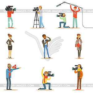 News Program Crew Of Professional Cameramen And - vector image