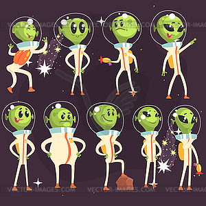 Cute Aliens In Space Suits, Spaceship Crew Of Littl - vector EPS clipart