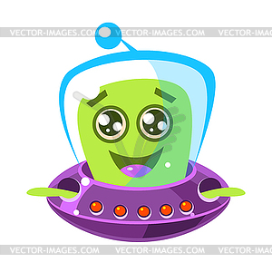 Friendly, smiling alien in flying saucer, cute - vector image