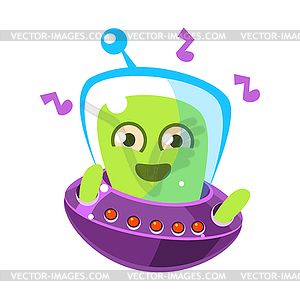 Dancing alien in flying saucer, cute cartoon - vector image