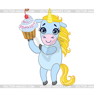 Cartoon light blue lovely unicorn holding cupcake. - vector clip art
