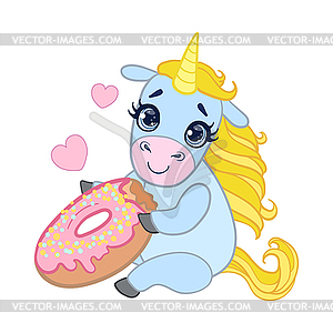 Cartoon light blue lovely unicorn holding pink - vector image