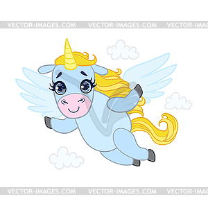 Cartoon light blue lovely flying unicorn. Colorful - vector clipart