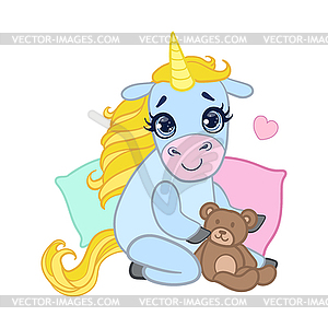 Cartoon light blue lovely unicorn sitting with tedd - royalty-free vector image