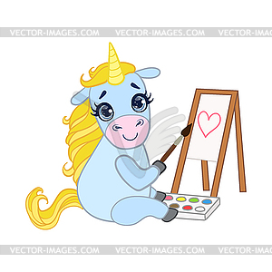 Cartoon light blue lovely unicorn painting on - vector clip art