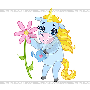 Cartoon light blue unicorn with flower. Colorful - vector clip art