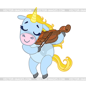 Cartoon light blue lovely unicorn violinist playing - vector image