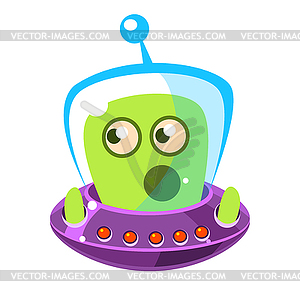 Emotionally speaking green alien in flying saucer, - vector image
