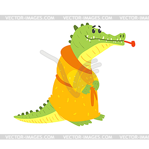 Cute cartoon crocodile wearing in orange bathrobe - vector image