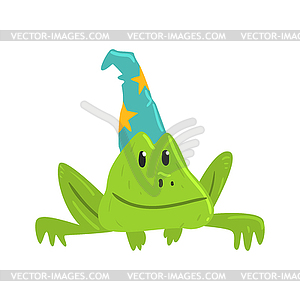 Cute cartoon frog in blue carnival hat with yellow - vector image