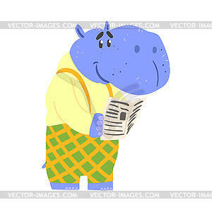 Cute cartoon hippopotamus reading newspaper. Africa - vector clipart