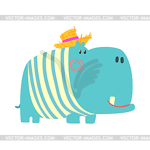 Cute cartoon blue hippopotamus in straw hat. Africa - vector clip art