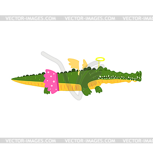 Cute cartoon crocodile girl in pink skirt and wings - color vector clipart