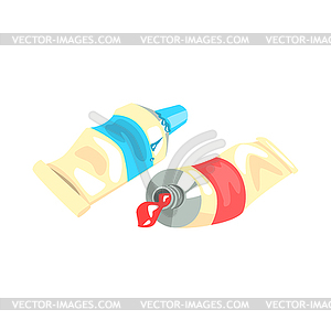 Blue and red acrylic paint tubes. Artistic equipmen - vector image