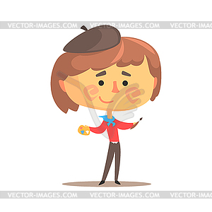 Cute cartoon artist little boy with paintbrush and - vector clip art