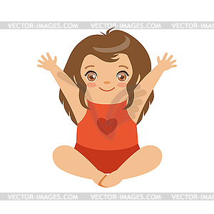 Cute baby girl sitting with arms raised. Colorful - vector clip art