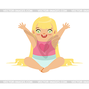 Cute blonde baby girl sitting with arms raised. - vector clipart