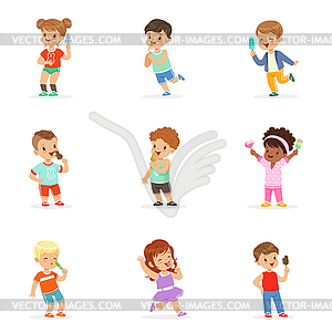 Cute little children eating ice cream. Happy - vector clipart