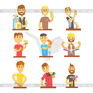 Cheerful smiling bartender serves at bar set for - vector image