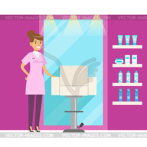 Barbershop interior in pink colors. Colorful cartoo - vector image