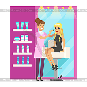 Makeup artist applying makeup on beatuful woman in - vector clip art