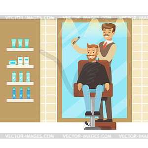 Male hairdresser brushing hair of bearded man. - vector clipart