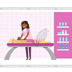 Woman having relaxing massage with massage oil in - vector clipart / vector image