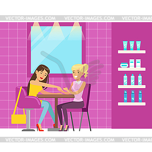 Woman getting hand massage in beauty salon. Colorfu - vector clipart