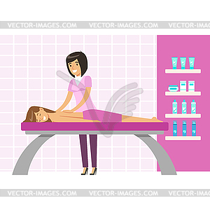 Young woman having massage in wellness studio. - vector clip art