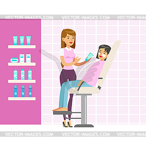 Beautician applying woman white mask on face in - color vector clipart